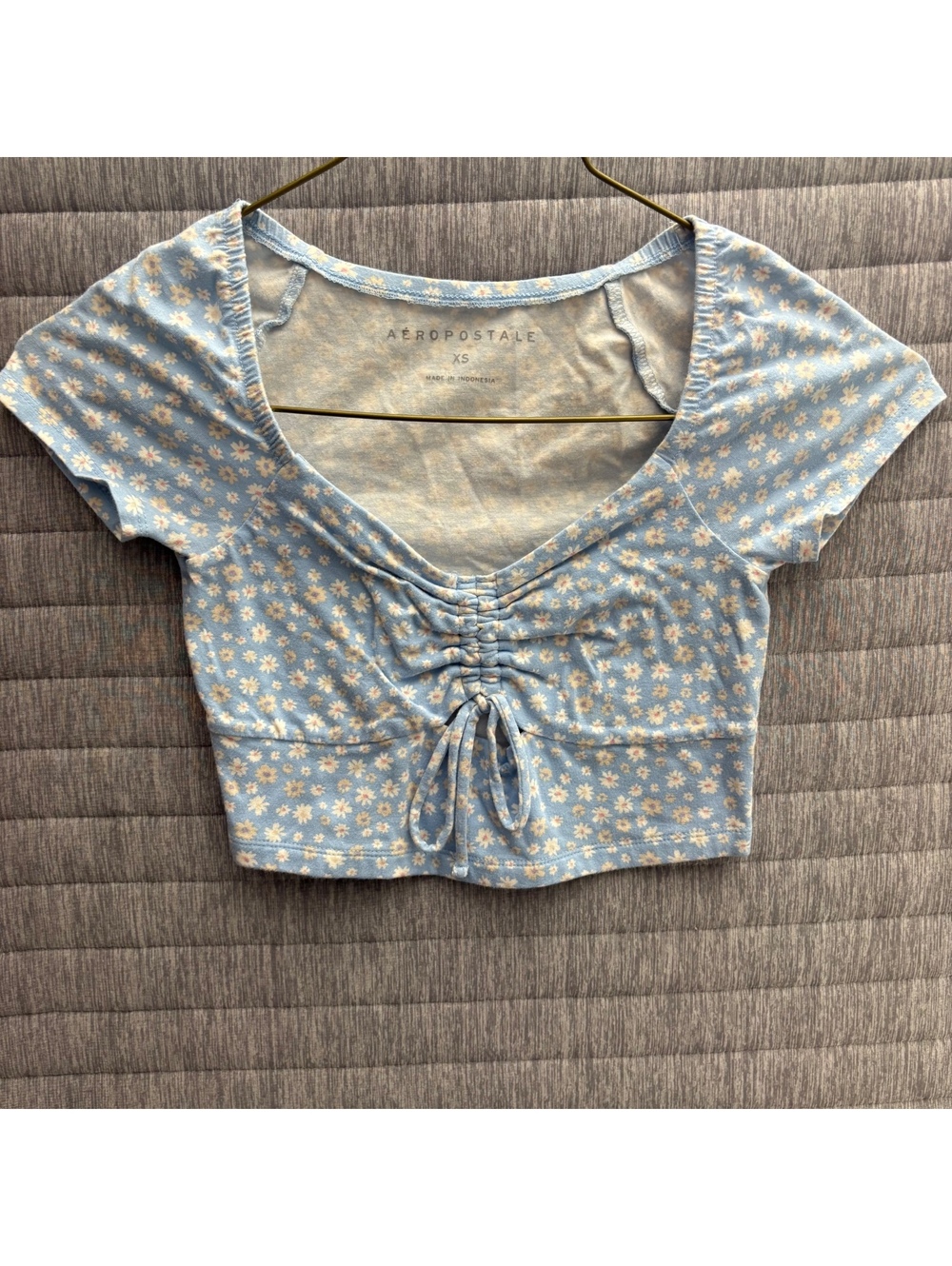 Aeropostale Floral Crop Top Women's XS Light Blue Ruched Front Tie Cap Sleeve